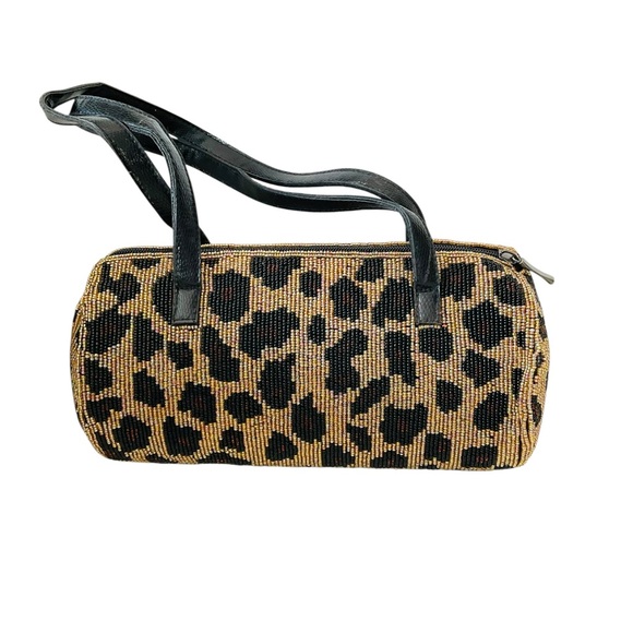 Vintage Beaded Leopard Print Barrel Bag Purse Double Handles - Picture 4 of 9